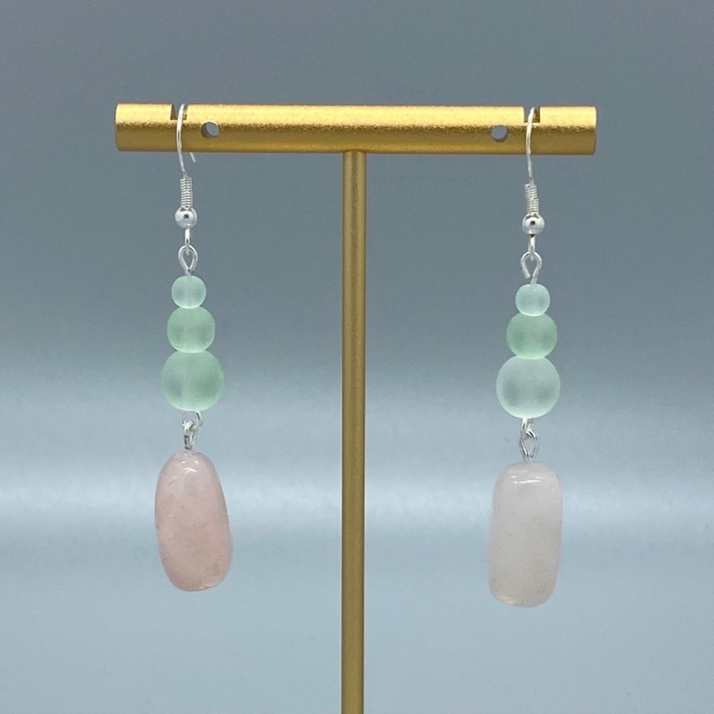Matte Green‎ Glass & Rose Quartz Nugget Dangle Earrings Handmade